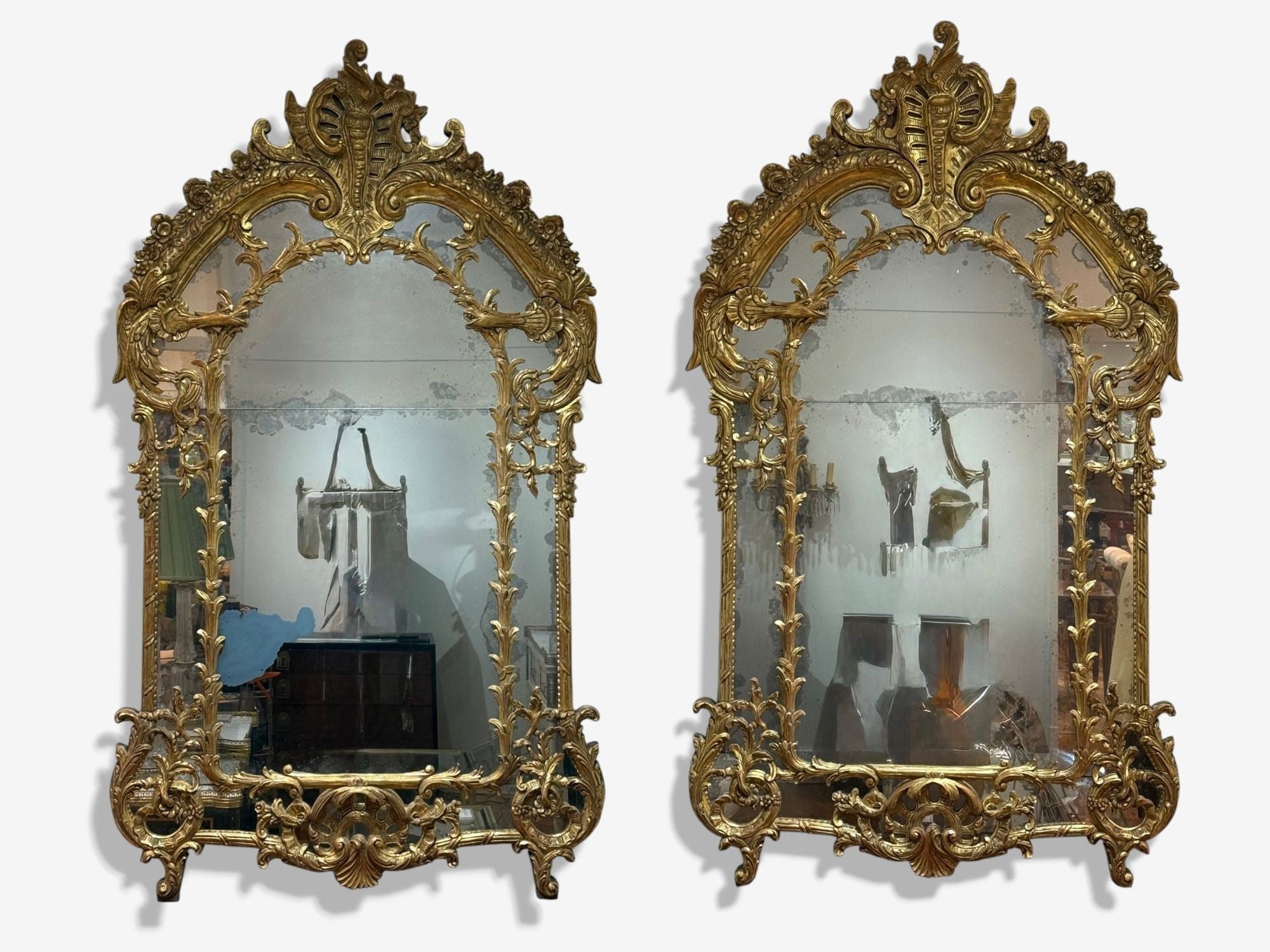 George III Style, Giltwood, Silvered Mirror, Monumental Wall Mirrors, England, 1950s