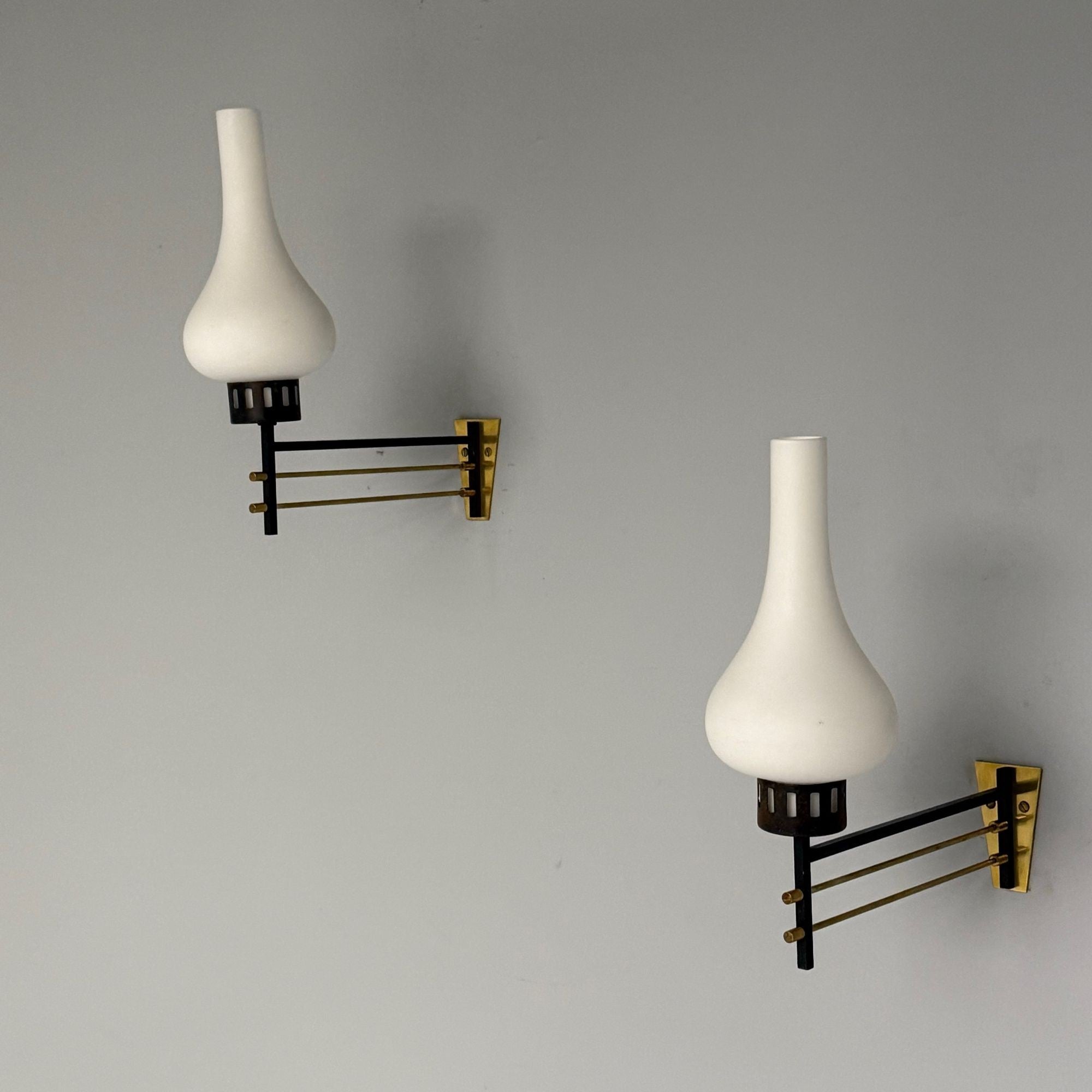 Italian Mid-Century Modern, Wall Sconces, Patinated Brass, Opaline Glass, 1950s