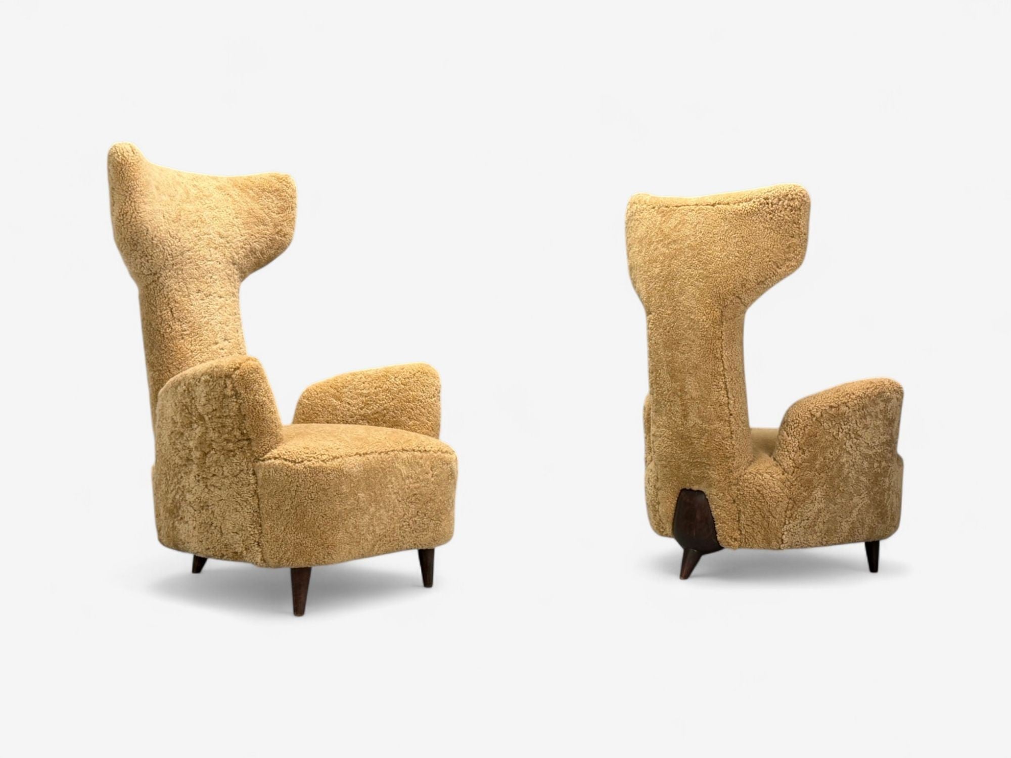 Renzo Zavanella, Honey Sheepskin, Wood, Rare Lounge Chairs, Italy, 1950s