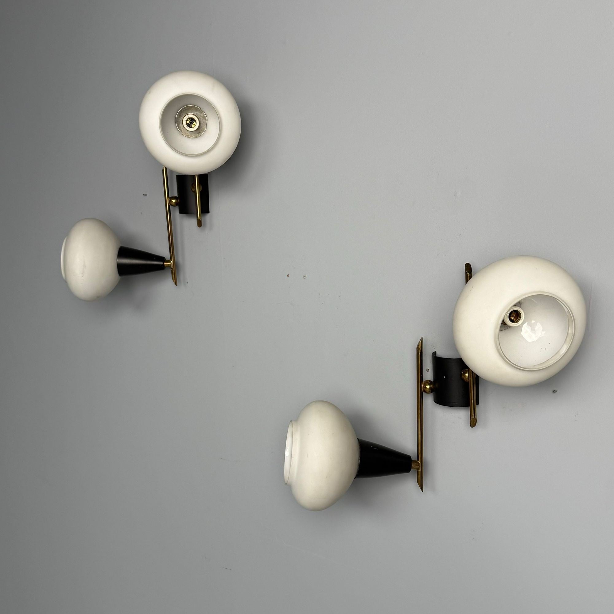 Italian Mid-Century Modern, Adjustable Wall Sconces, Brass, Opaline Glass, 1960s