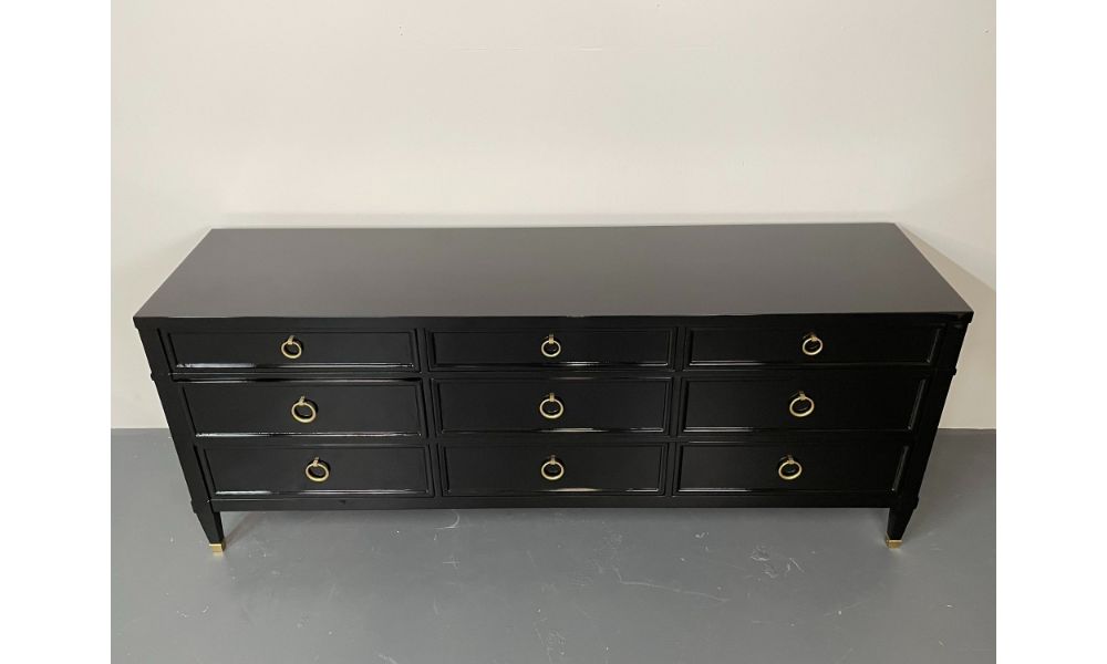 Hollywood Regency Black Lacquered Dresser / Sideboard, Bronze, Baker Furniture