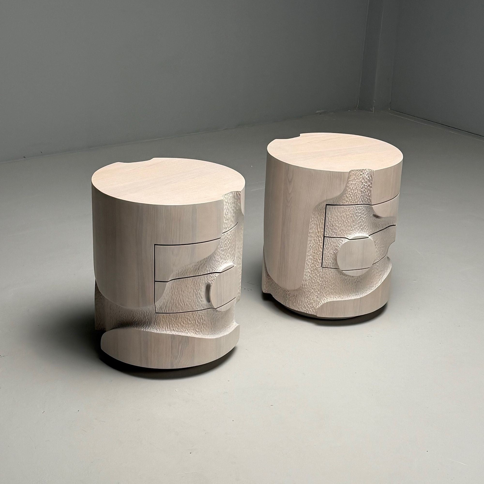 Contemporary, Organic Modern, Round Sculptural Nightstands, Bleached Ashwood