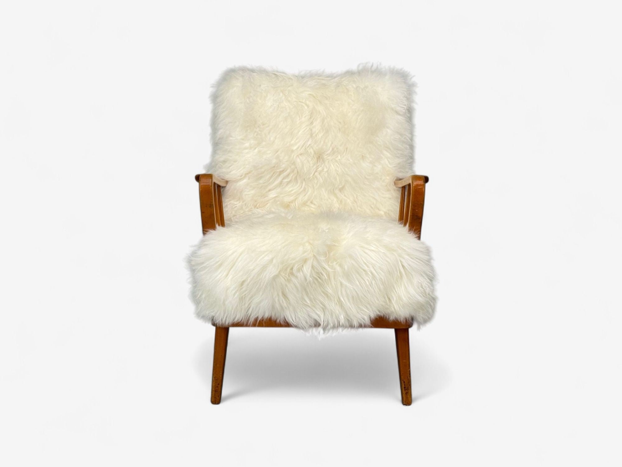 Danish Modern, Beech, Mongolian Fur, Lounge Chair, Denmark, 1950s
