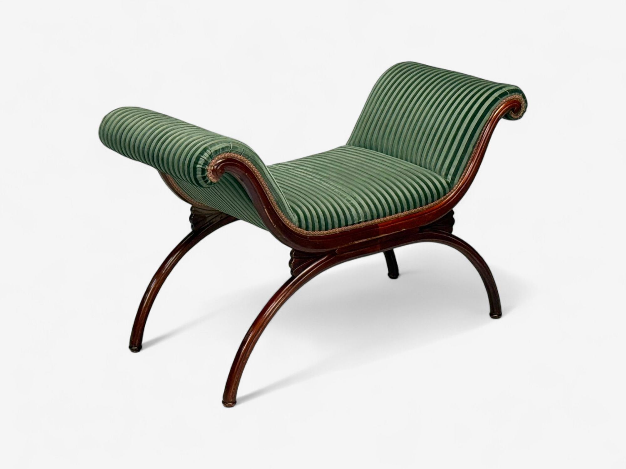 Hollywood Regency Style, Stained Wood, Green Fabric, Benches, USA, 1980s
