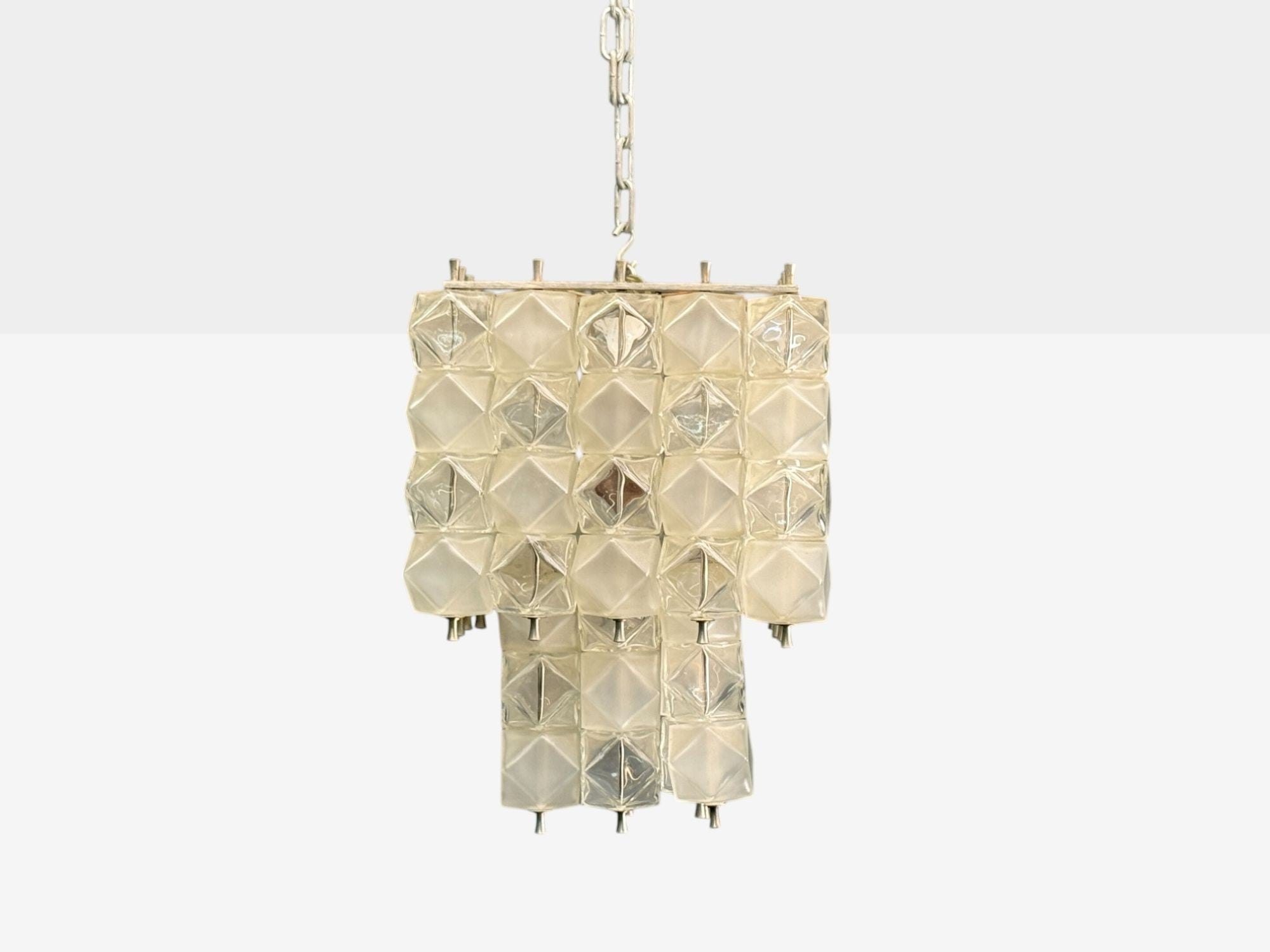 Venini Poliedri, Faceted Glass, Metal, Geometric Chandelier, Italy, 1950s