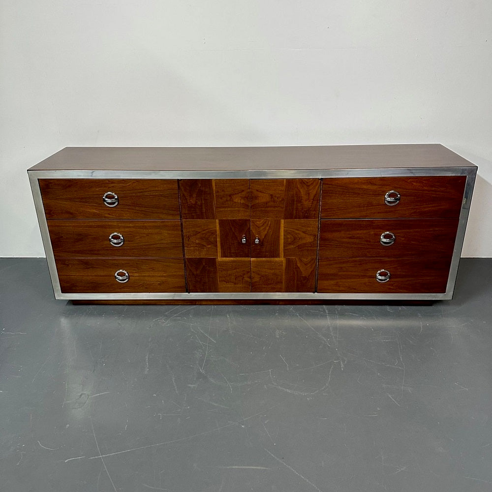 Mid-Century Modern Milo Baughman Sideboard / Dresser, Burlwood, Chrome