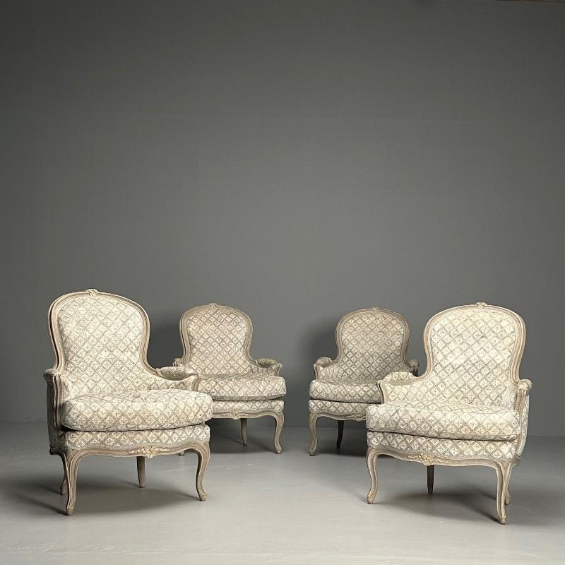 Louis XV Style, Bergère Chairs, Grey Painted Wood, Fabric, France, 1970s