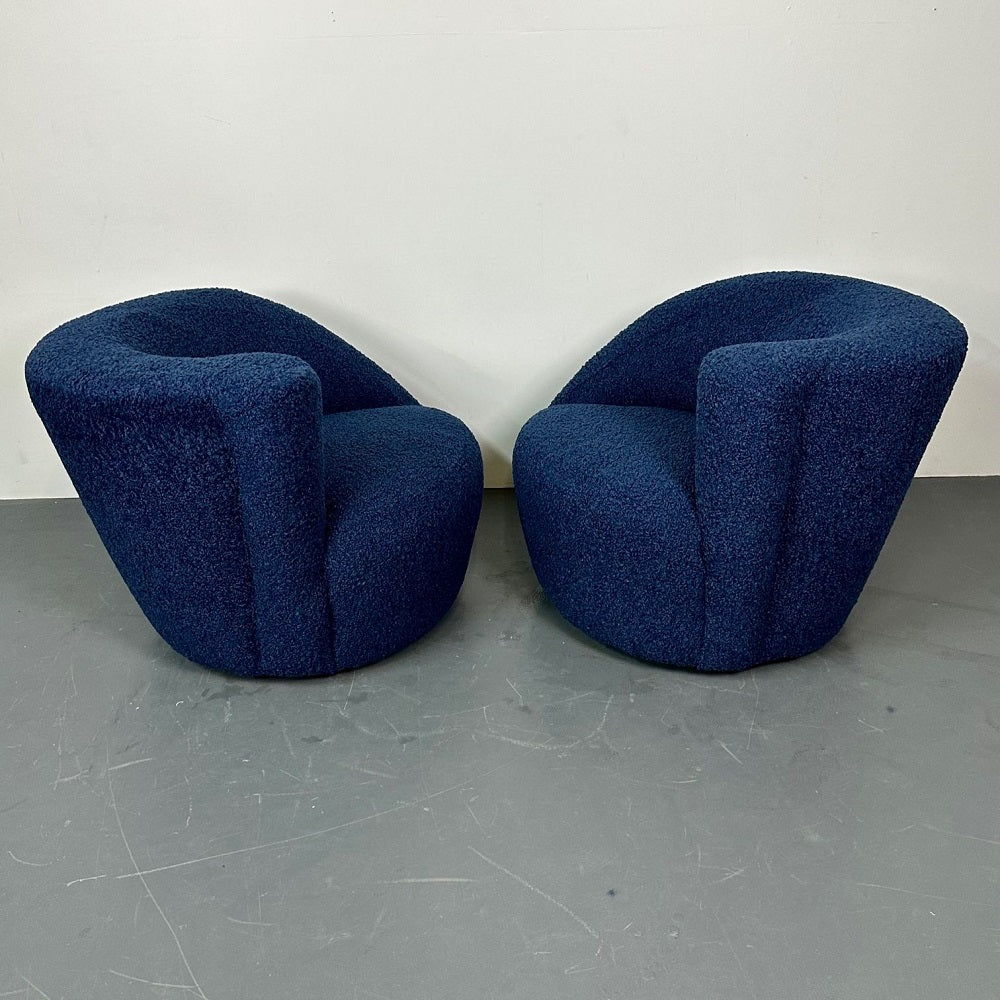 Pair of Mid-Century Modern Nautilus Style Swivel / Lounge Chairs, Blue Faux Fur