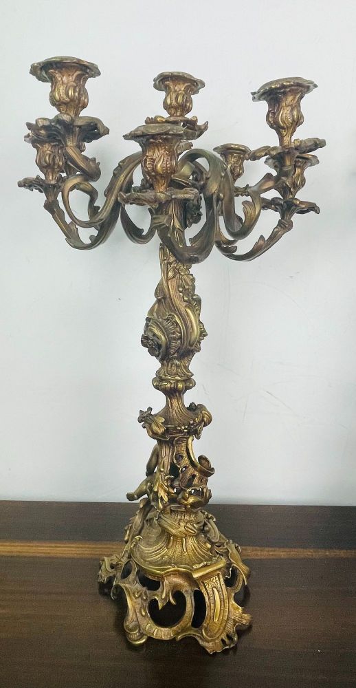 Pair of Louis XVI Style Gilt Bronze Candelabra, Cherub Florentine Form