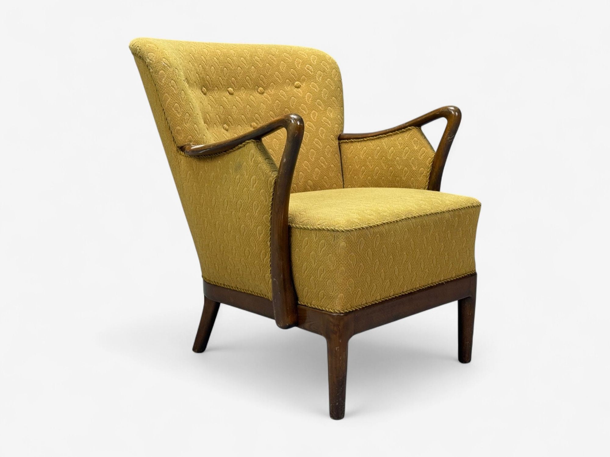 Slagelse Mobelvaerk, Fabric, Wood, Sculptural Arm Chair, Denmark, 1960s