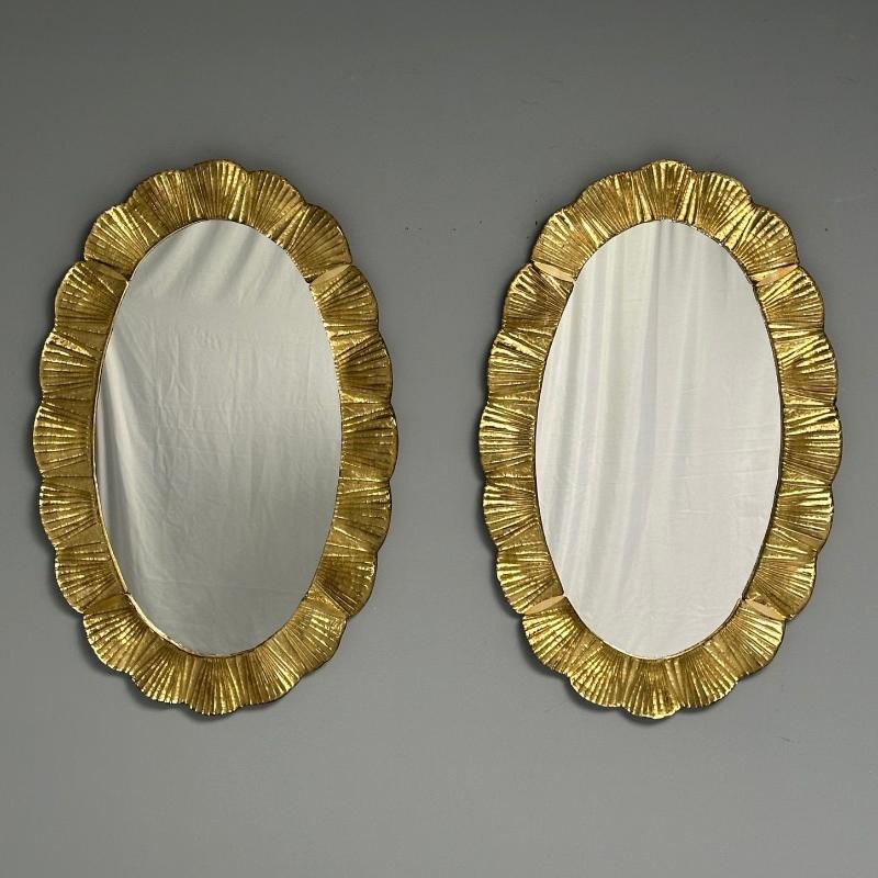 Contemporary, Oval Wall Mirrors, Scallop Motif, Murano Glass, Gilt Gold, Italy, 21st C.