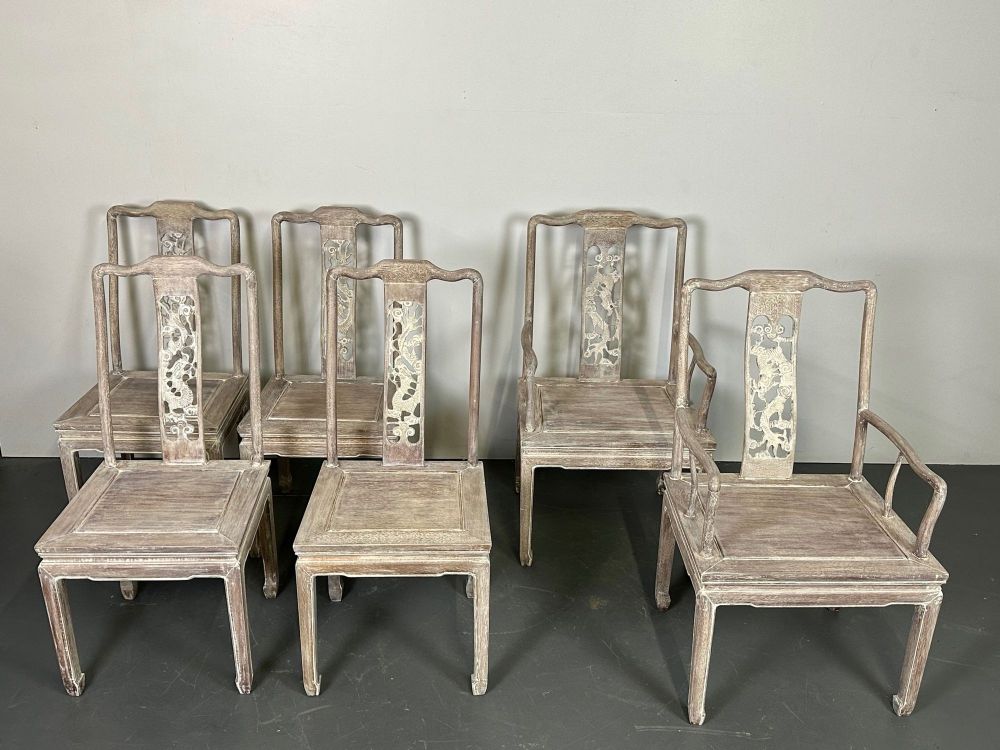 Set Six Chinese Chippendale Whitewashed Dining Chairs, Carved Dragons, Rosewood