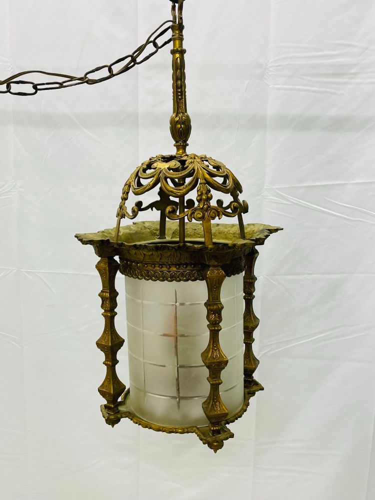 Empire Dore Lantern Chandelier, Frosted Etched Glass, 19th Century, Solid Bronze