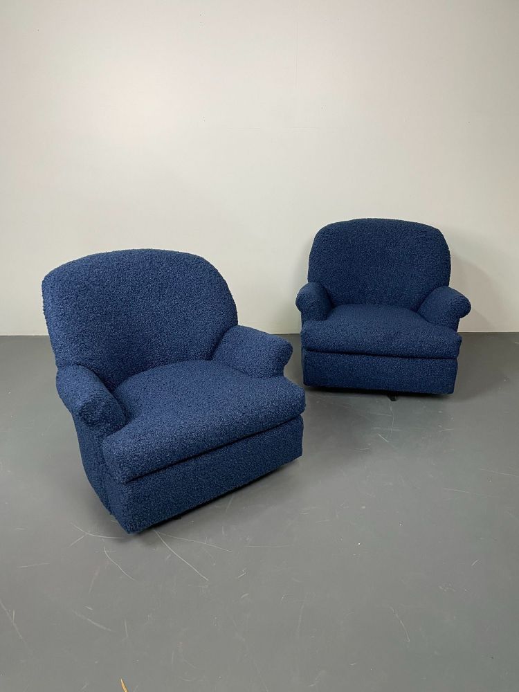 Pair of Mid-Century Modern Scroll Arm Swivel Lounge / Arm Chairs, Faux Shearling