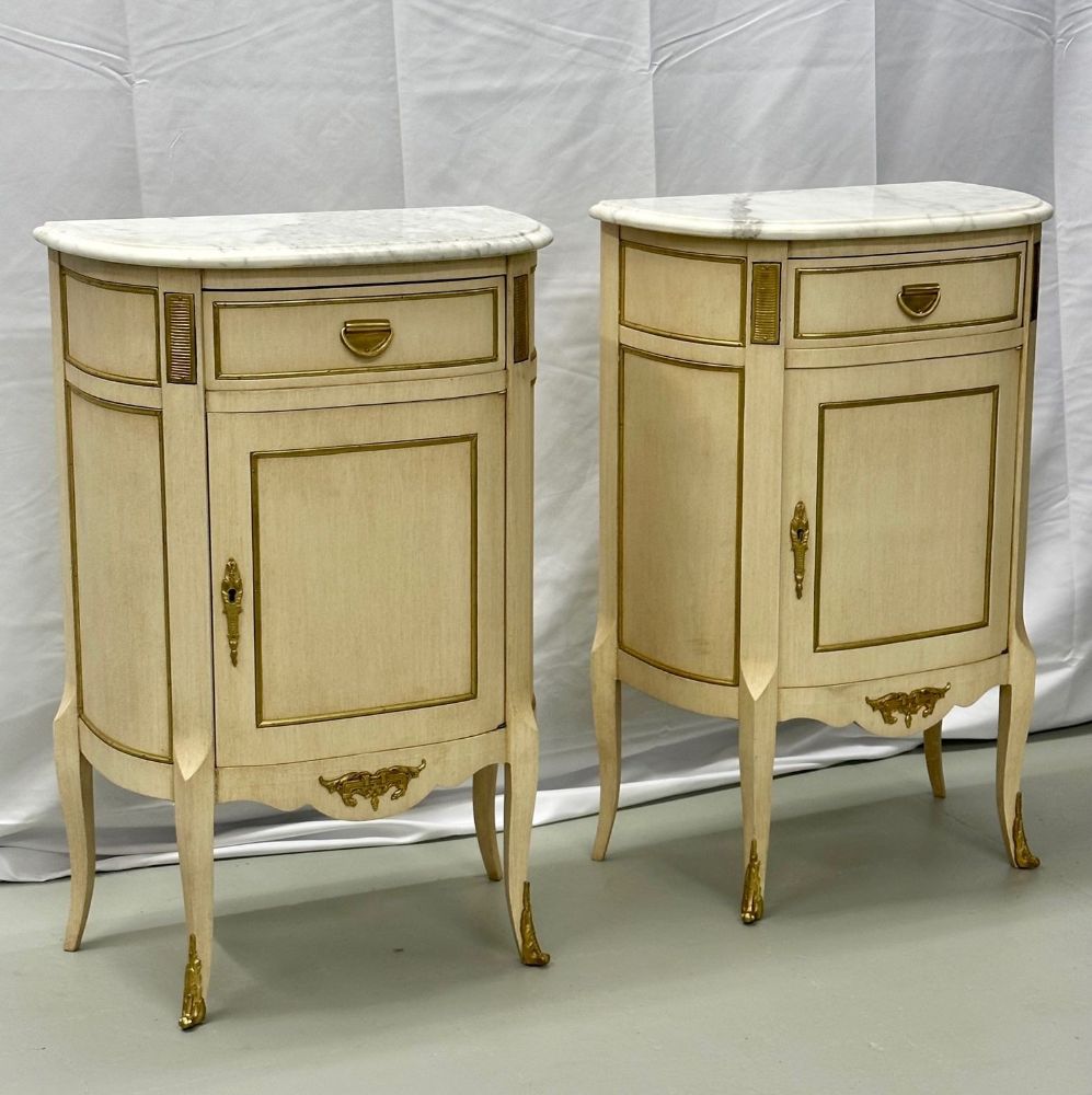 Pair of White Nightstand or End Tables / Side Tables, Marble Top Louis XV Style, Demi Lune