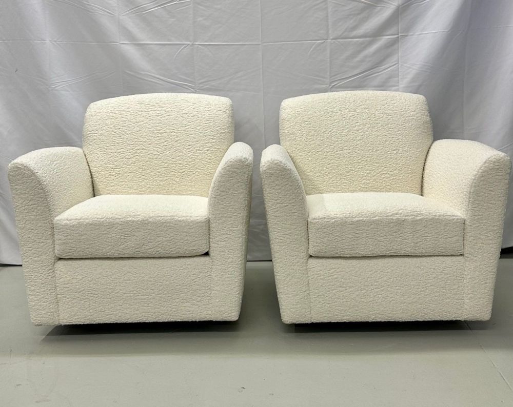 Pair of Mid-Century Modern Square White Boucle Rocking Lounge / Swivel Chairs