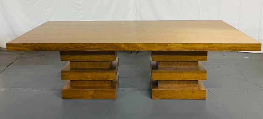 Modern Oak Double Pedestal Base Dining / Conference Table, Geometric Design
