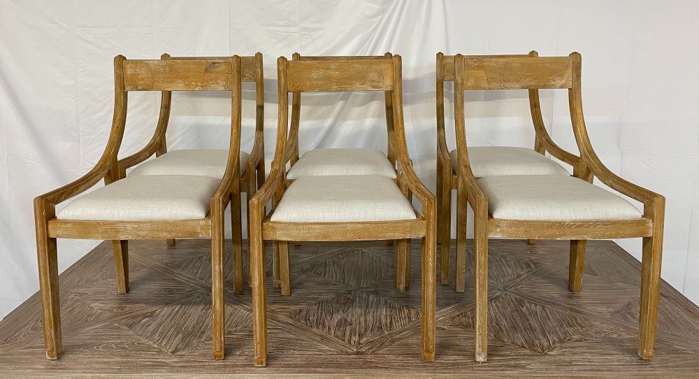 Set of 6 Farmhouse Modern Sleigh Back Dining / Side Chairs, Pickled Wood, Linen