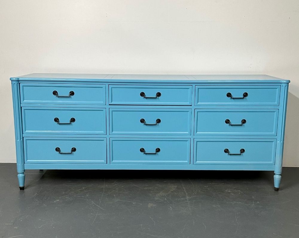 Hollywood Regency Style Dresser / Sideboard, Cerulean Blue Lacquer, Baker