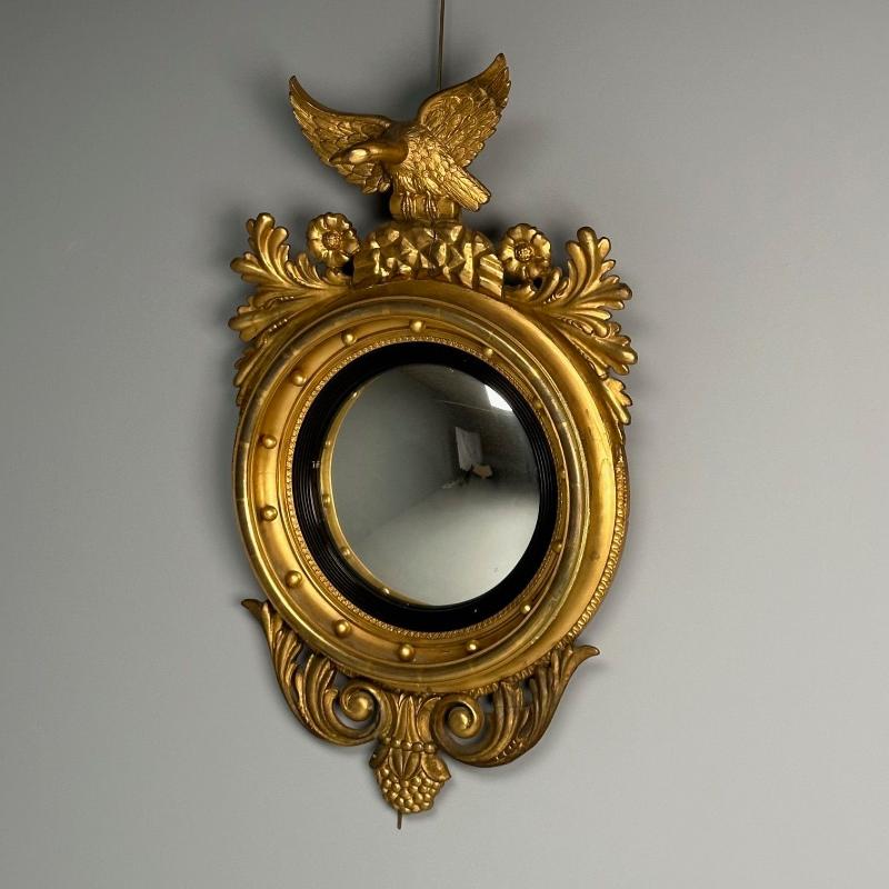 Regency, Circular Convex Wall Mirror, Giltwood, Eagle Motif, USA, 1950s