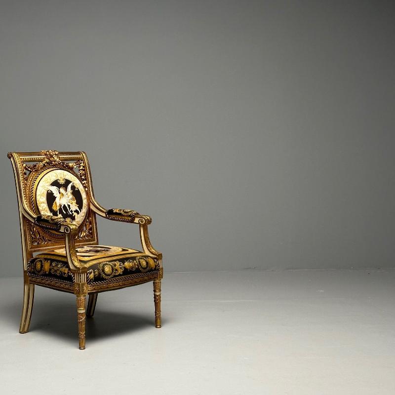 Louis XVI, French Arm Chair, Versace Fabric, Giltwood, France, 1960s