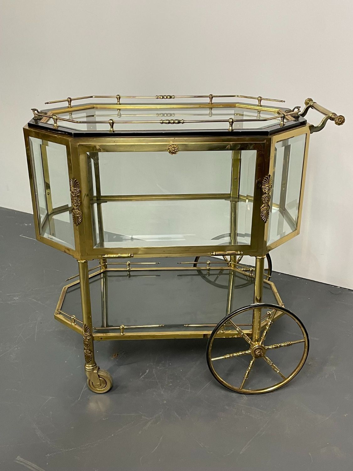 Hollywood Regency Beveled Glass, Bronze and Brass Tea Wagon or Serving Cart