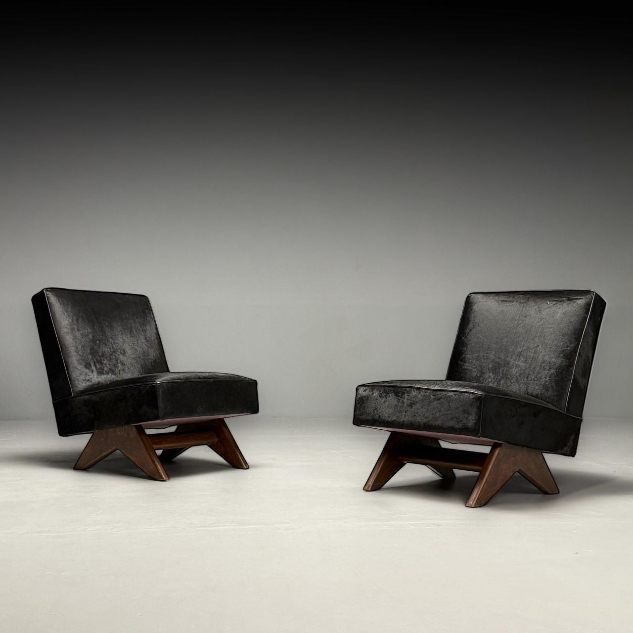 Pierre Jeanneret, French Mid-Century Modern, Slipper Chairs, Black Cowhide, Teak