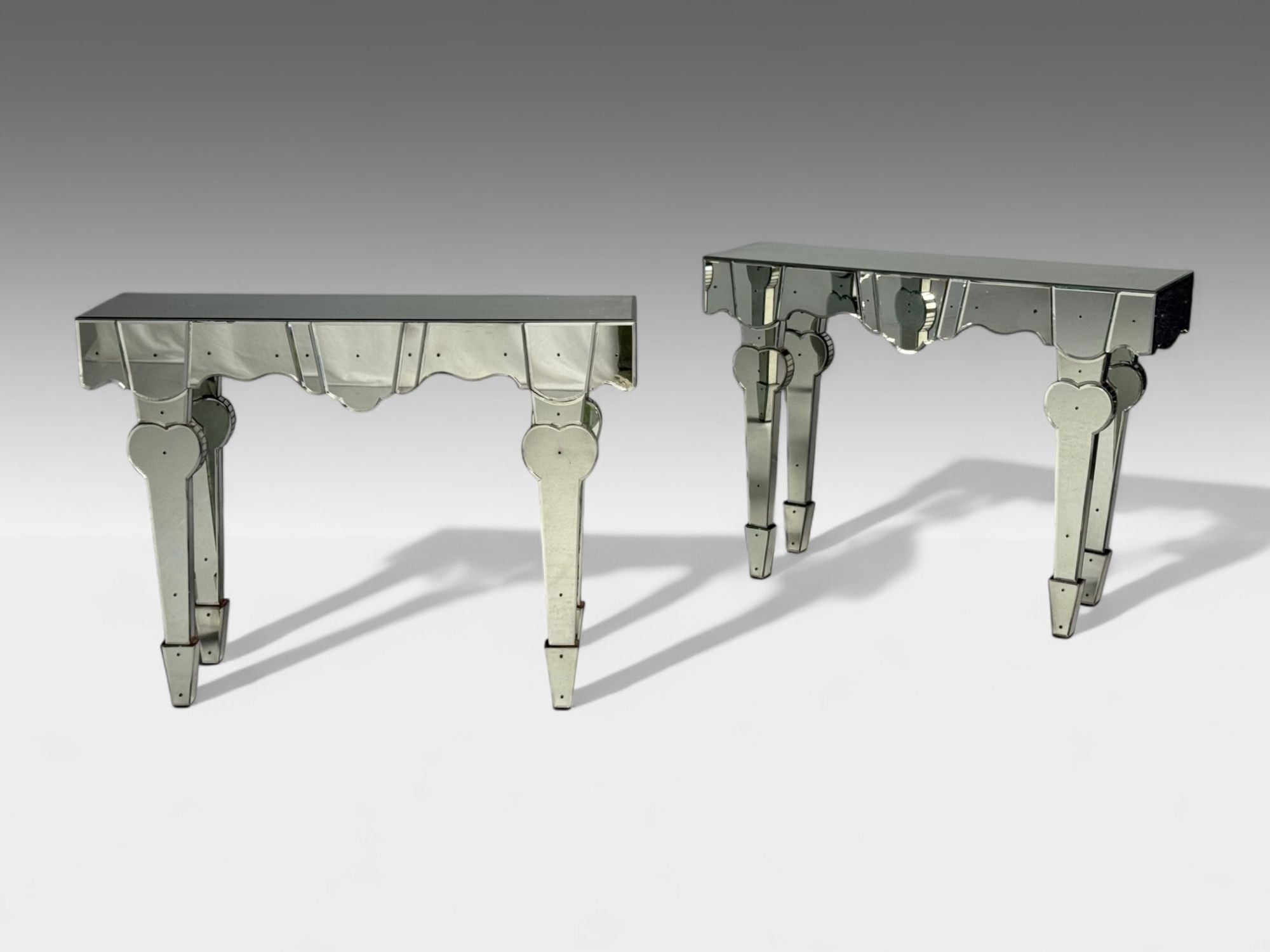 French Art Deco Style, Antique Glass, Painted Wood, Mirrored Console Tables