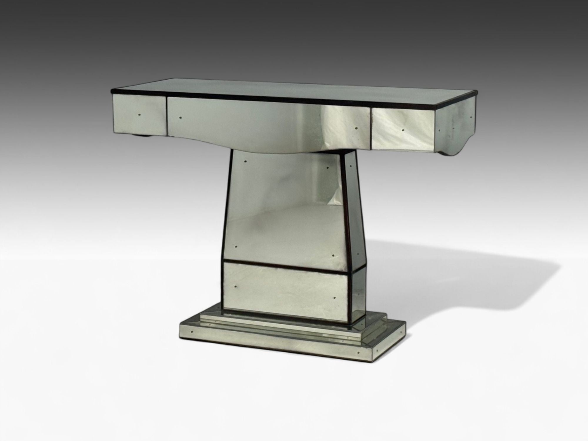 Art Deco Style, Mirrored Console Tables, Painted Wood, Distressed Glass