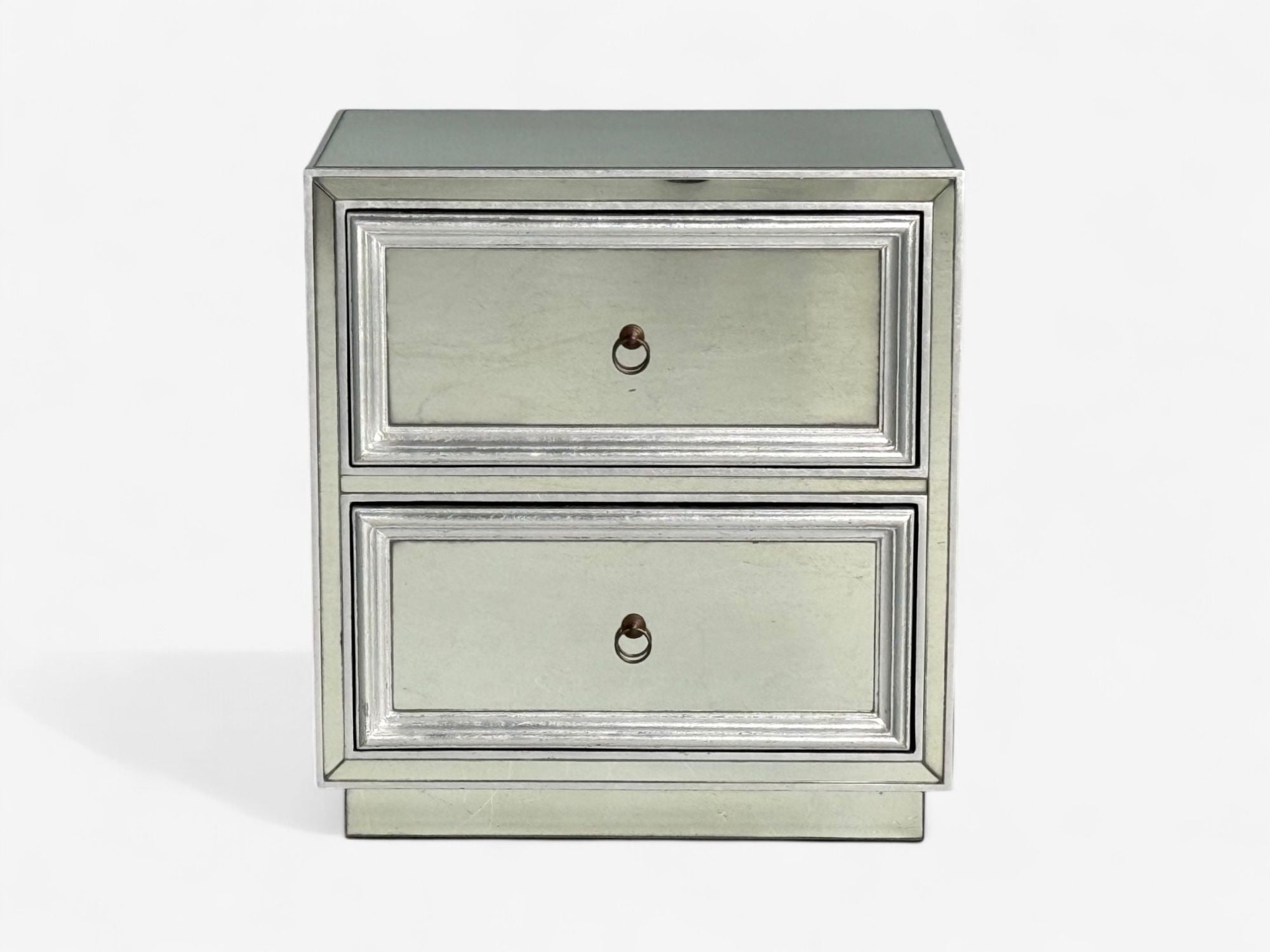 Hollywood Regency Style, Silver Leaf, Distressed Glass, Mirrored Nightstands