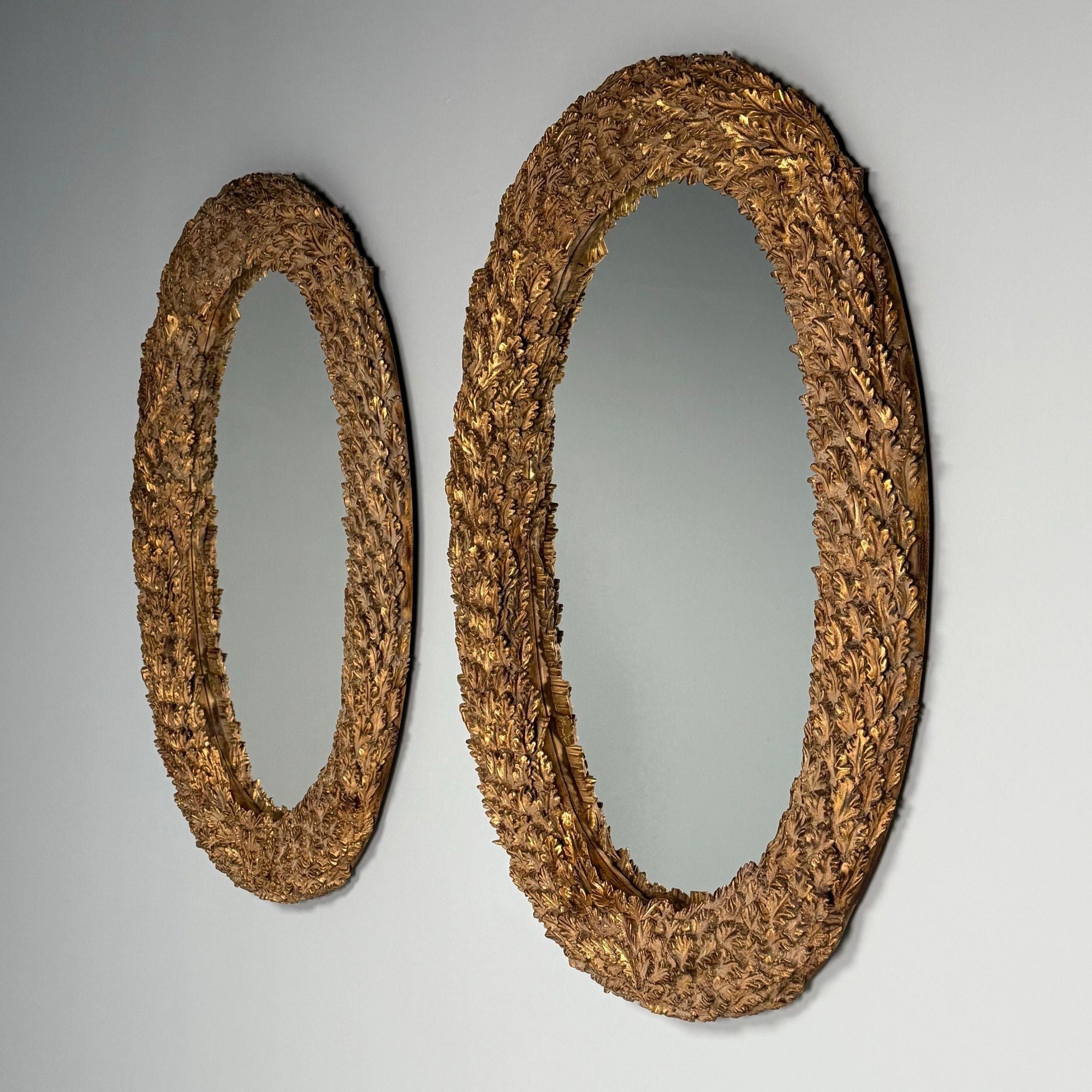 Hollywood Regency, Large Oval Wall Mirrors, Carved Giltwood, Leaf Motif, 21st C.