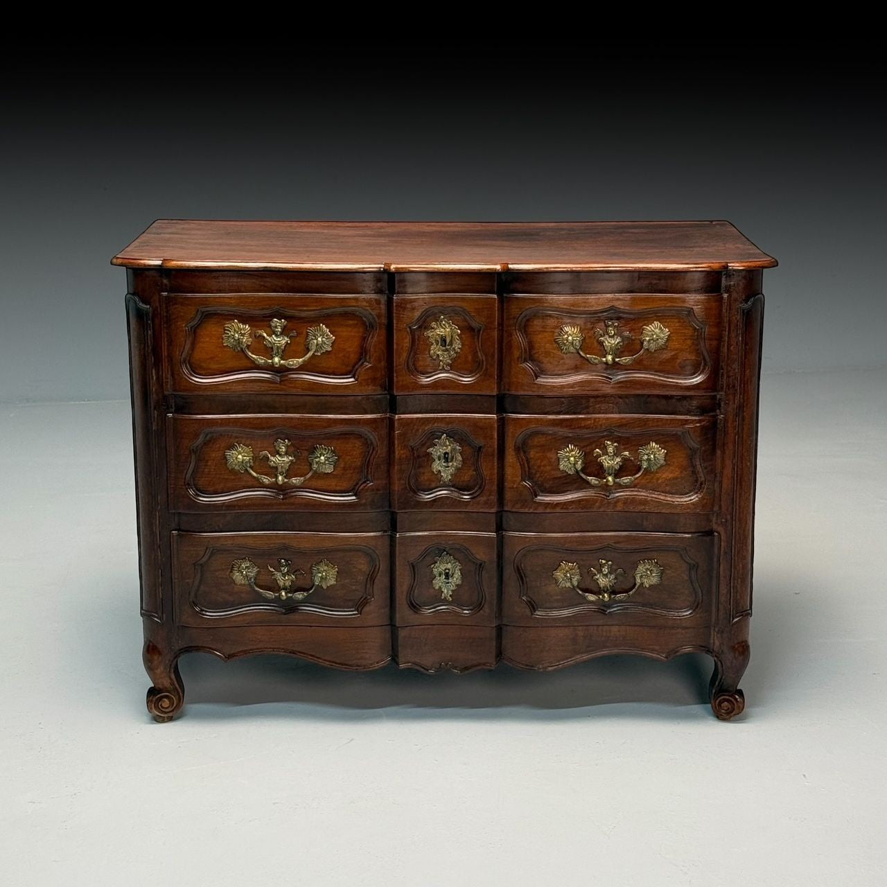 Baroque, French Louis XV, Provincial Cabinet, Walnut, Patinated Brass, 18th C.