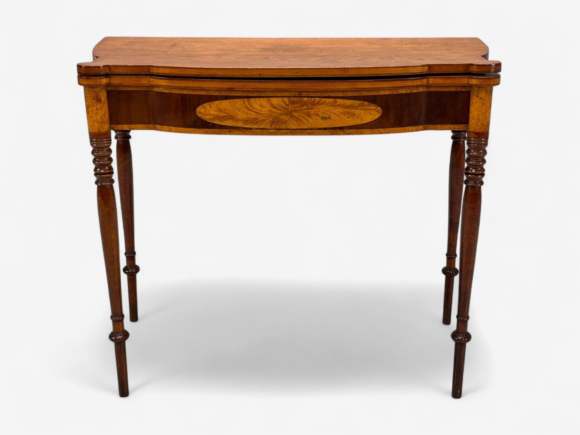 American Sheraton, Mahogany, Tulipwood, Serpentine Inlaid Card Table, USA, 1810