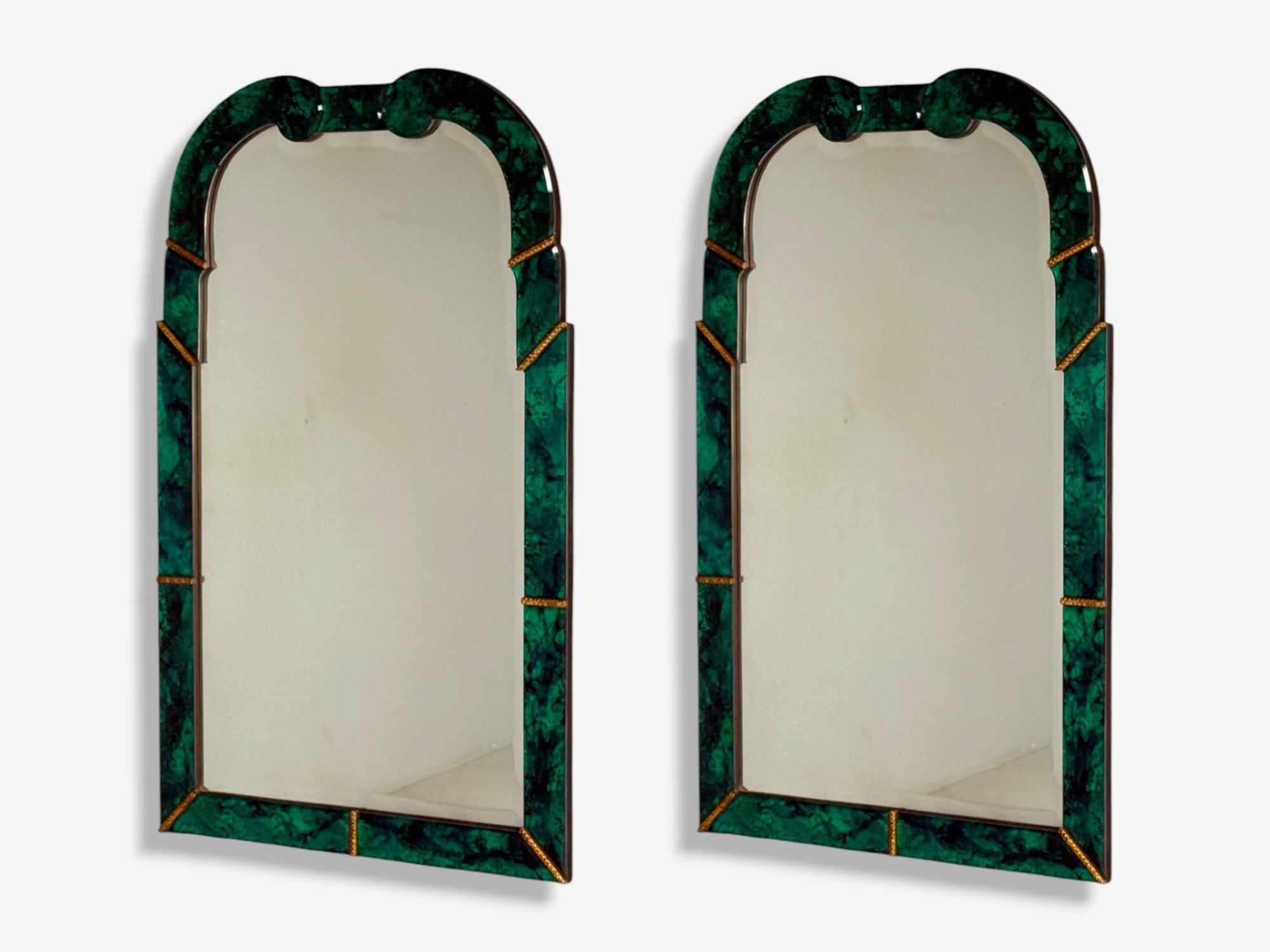 Art Deco Style, Green Antiqued Beveled Glass, Venetian Wall Mirrors