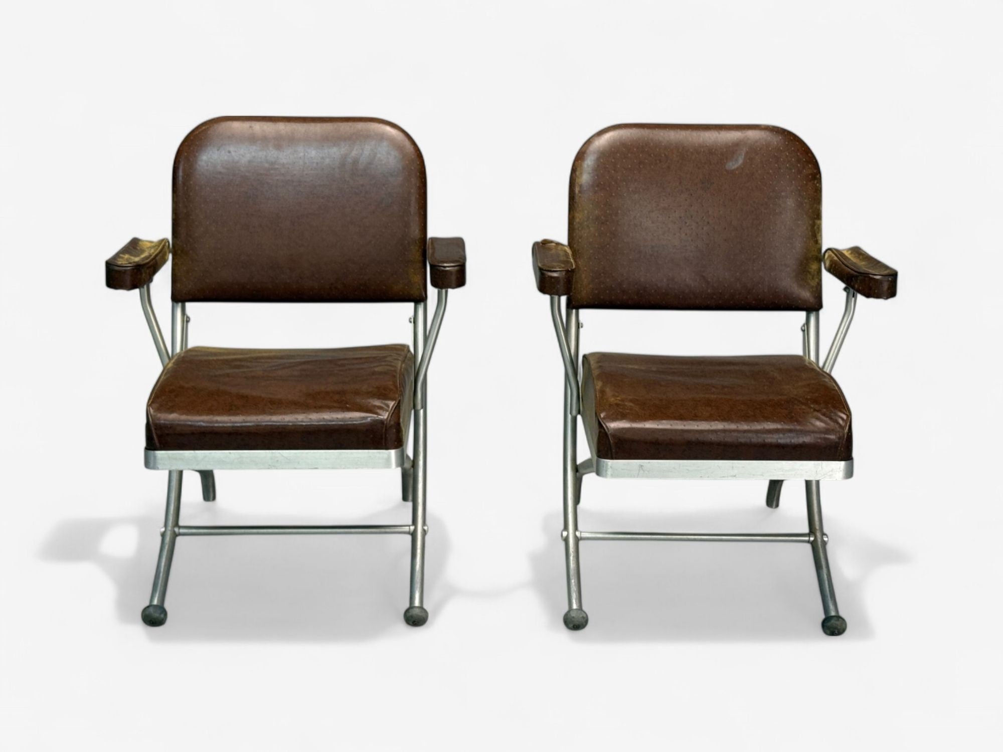 Warren McArthur, Brown Leather, Aluminum, Folding Chairs, USA c. 1935