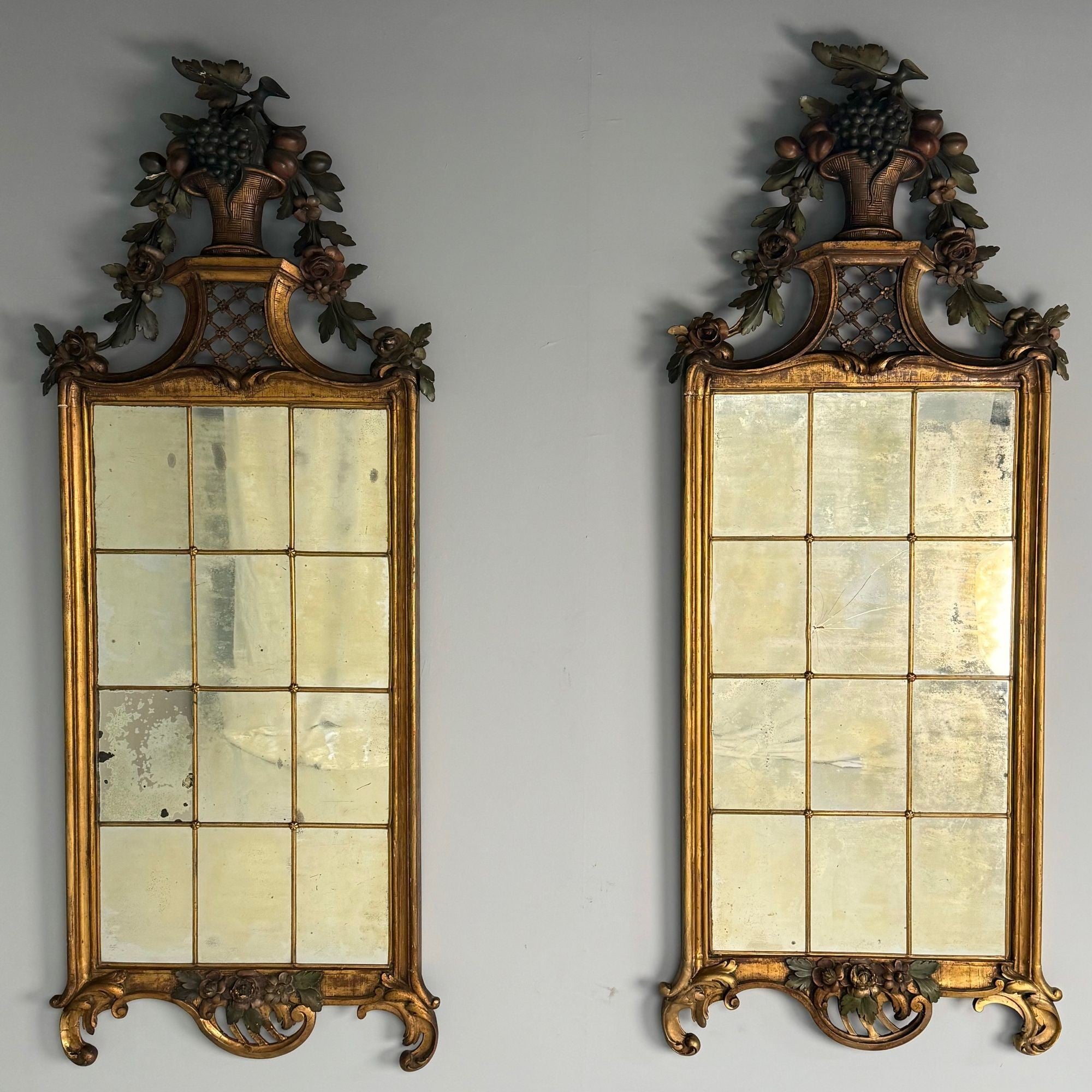 Louis XVI, Wall Mirrors, Giltwood, Antiqued Mirror, Fruitewood Motif 20th C.