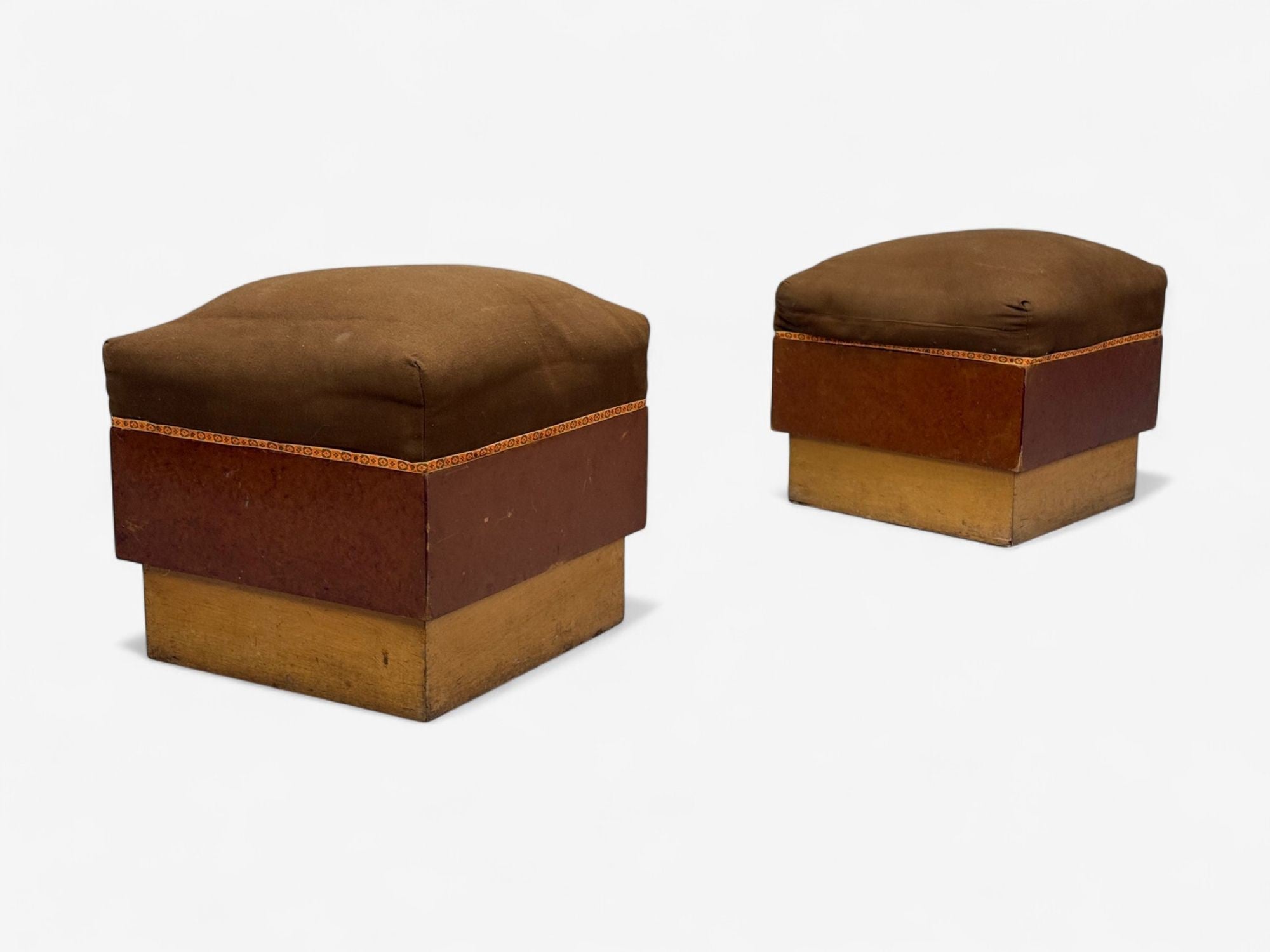 Italian Art Deco, Stained Wood, Brown Fabric, Ottomans or Poufs, Italy, 1930s
