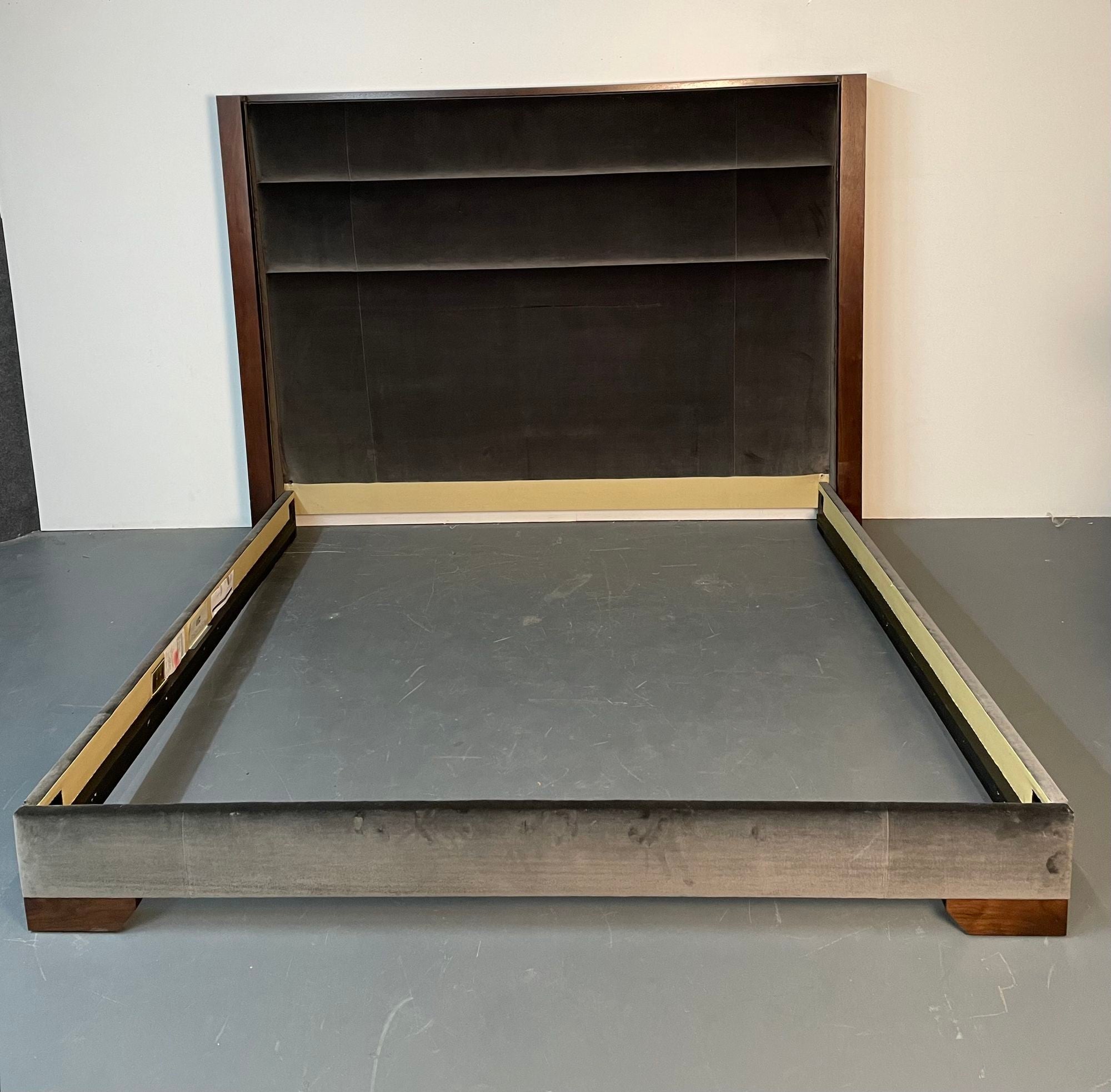 Thom Filicia, Modern King Size Bed Frame, Low Profile, Upholstery, Walnut