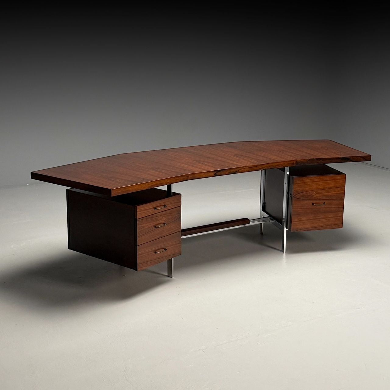 Italian Mid-Century Modern, Demilune Writing Desk, Rosewood, Steel, Italy, 1950s