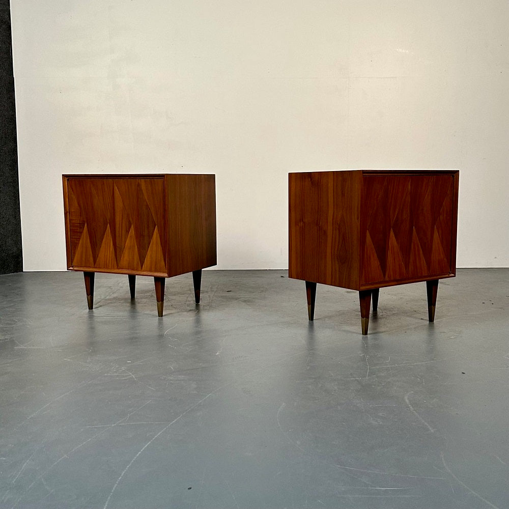 Pair of Danish Mid-Century Modern Style Geometric Nightstands, Walnut, Brass