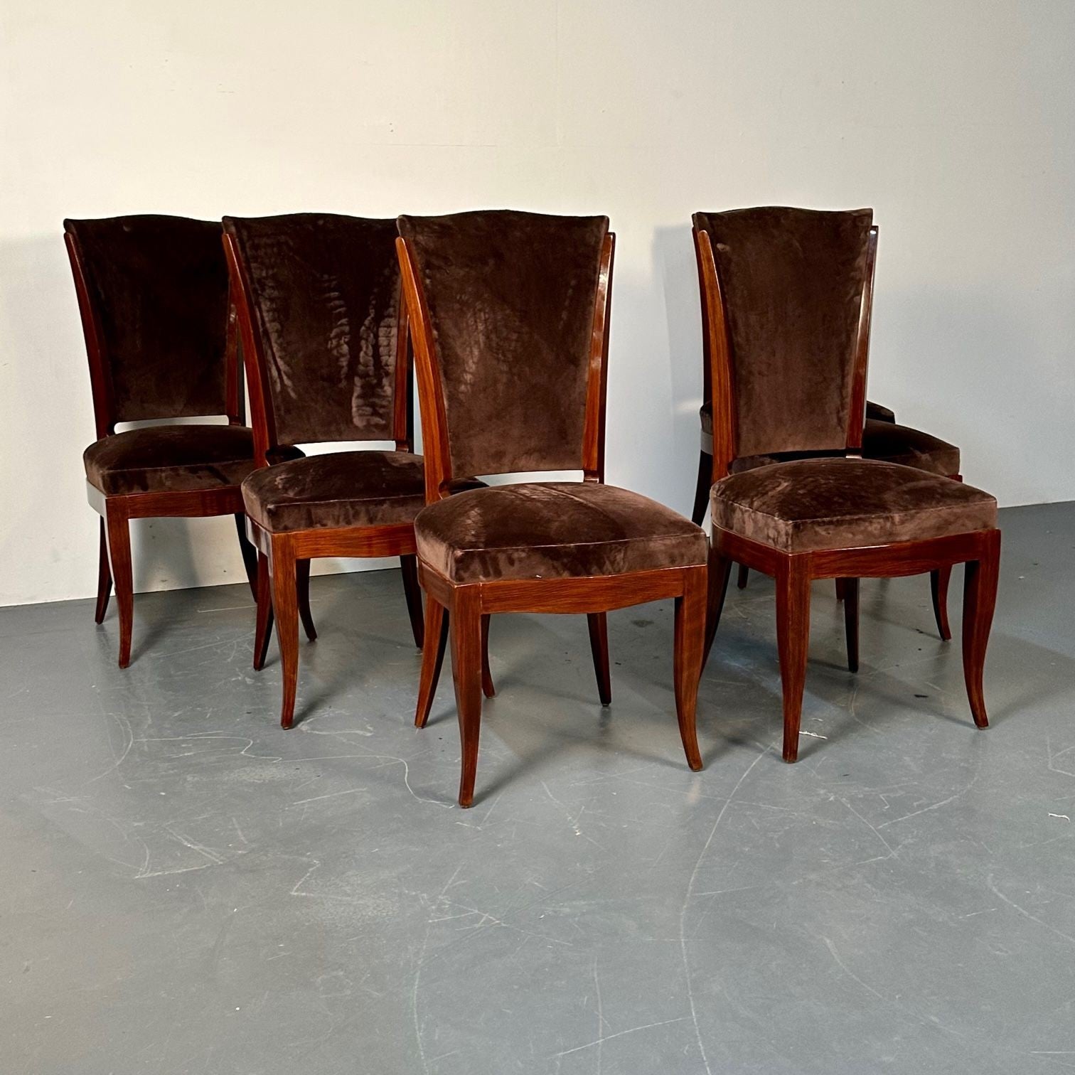Six French Art Deco Walnut Dining / Side Chairs, Brown Velvet, Ruhlman Style