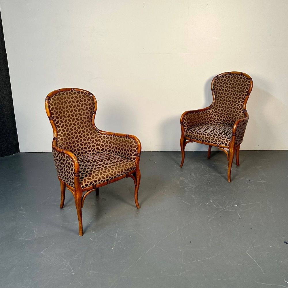Pair of Fruitwood French Bamboo Carved Arm / Club / Accent Chairs, Kravet Fabric