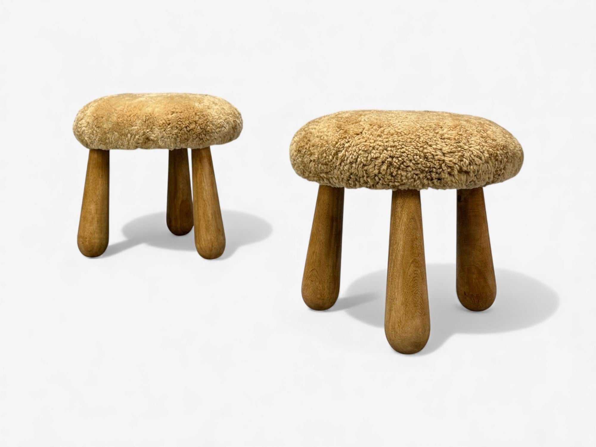 Danish Modern Style, Honey Sheepskin, Maple, Shearling Footstools, USA, 21st c.