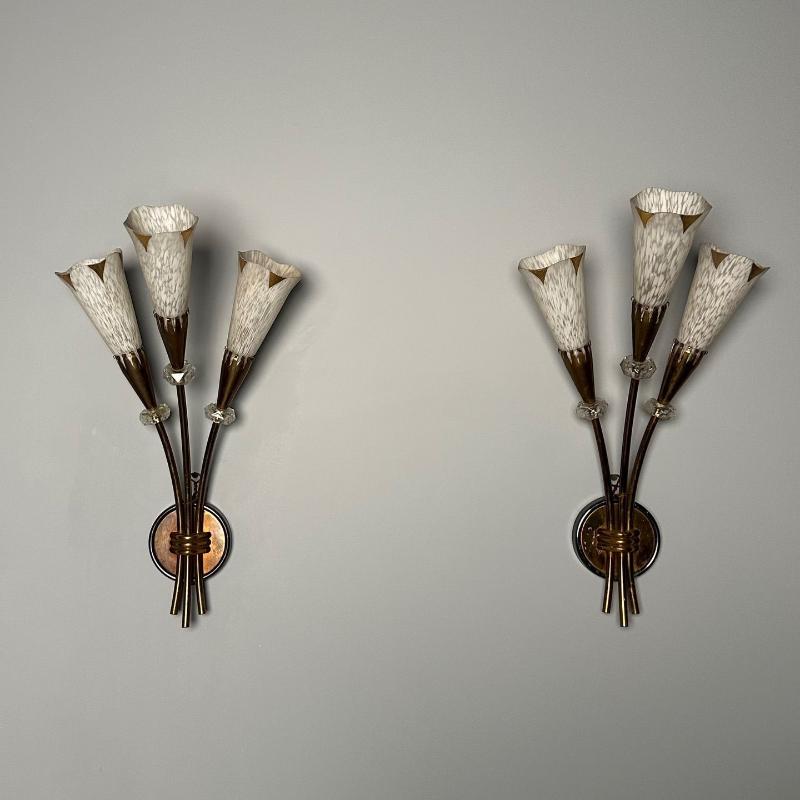 French Mid-Century Modern, Three Arm Sconces, Brass, Crystal, France, 1950s