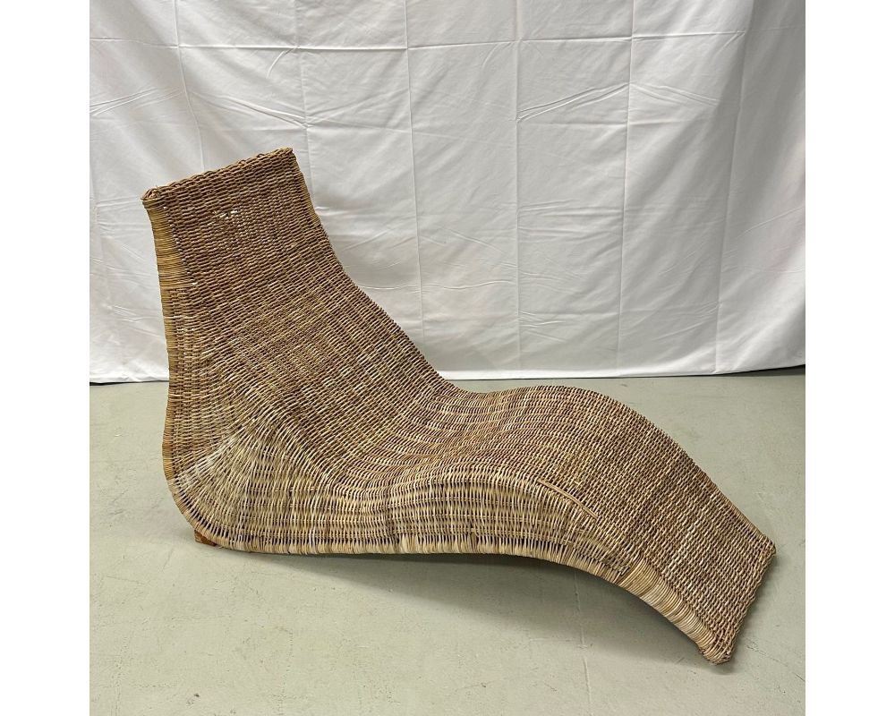 Pair Bohemian Mid-Century Modern Karlskrona Rattan Wicker Chaise Lounge Chairs