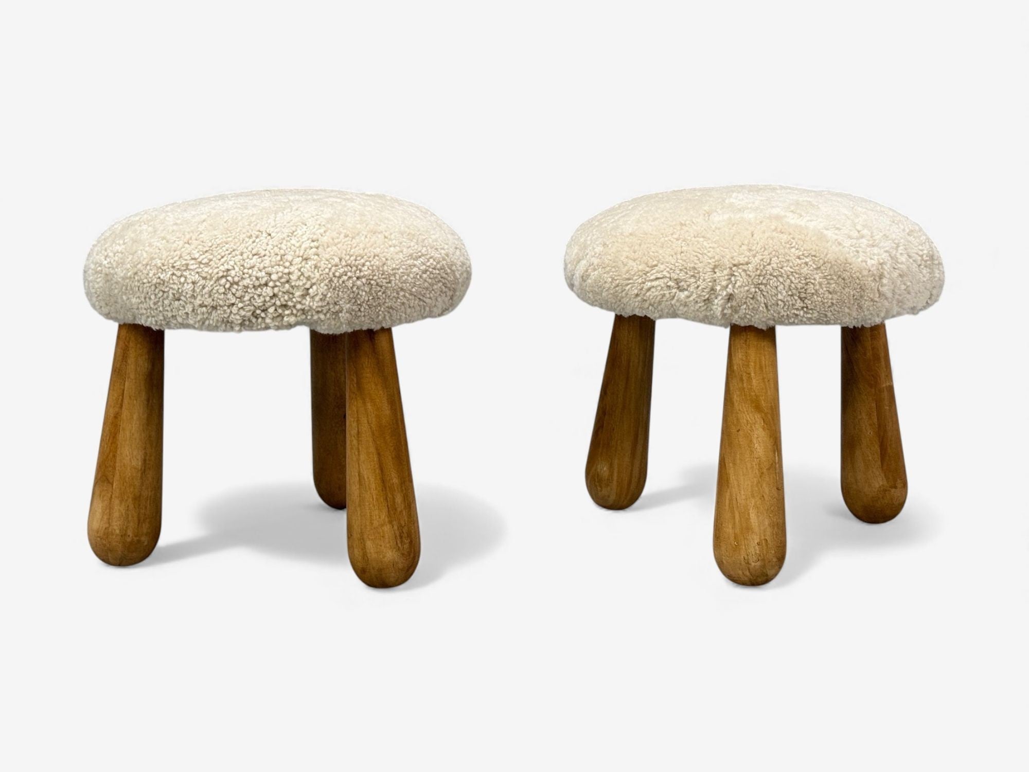 Danish Modern Style, Sheepskin Stools, Beige Shearling, Maple, USA, 21st c.
