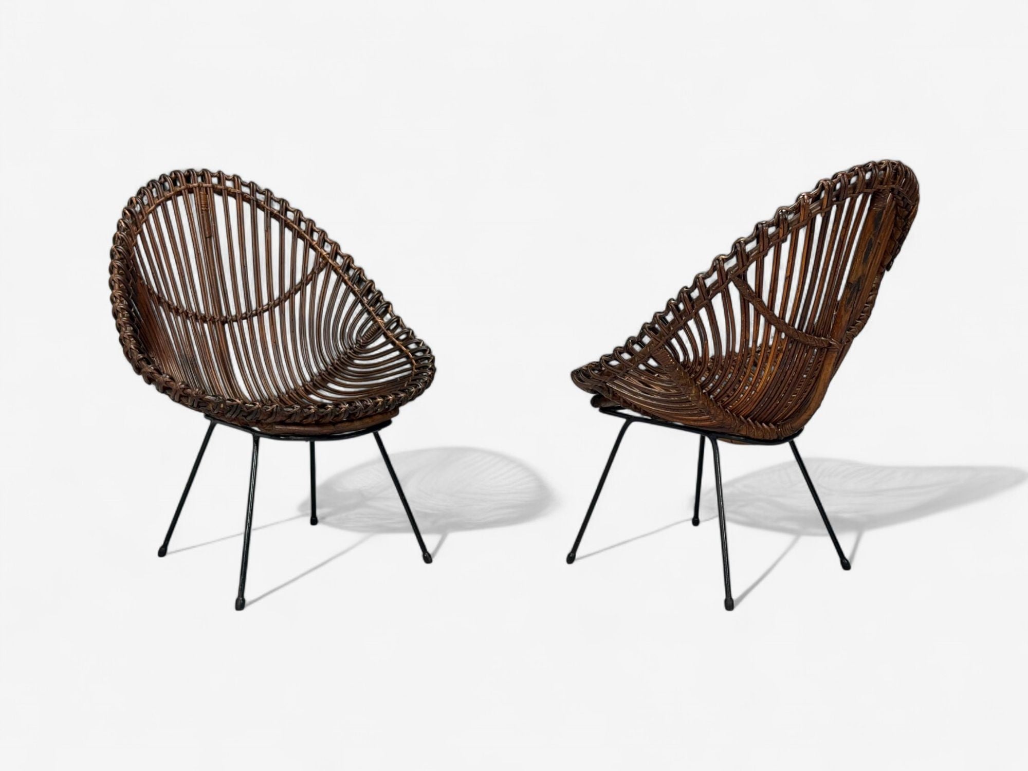 Italian Modern, Metal, Bamboo, Rattan, Lounge Chairs, Italy, 1950s