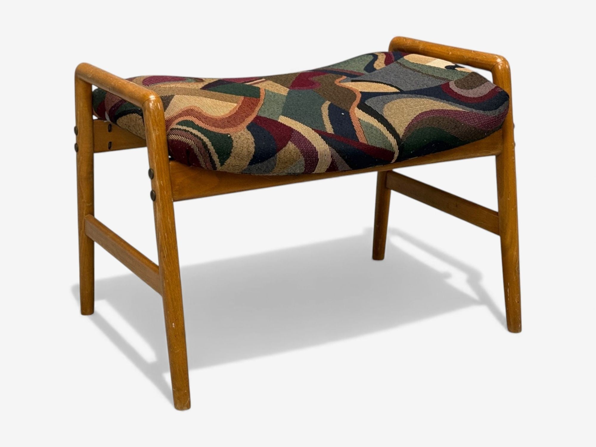 Danish Modern, Aztec Fabric, Light Stained Wood, Footstool, Denmark, 1950s
