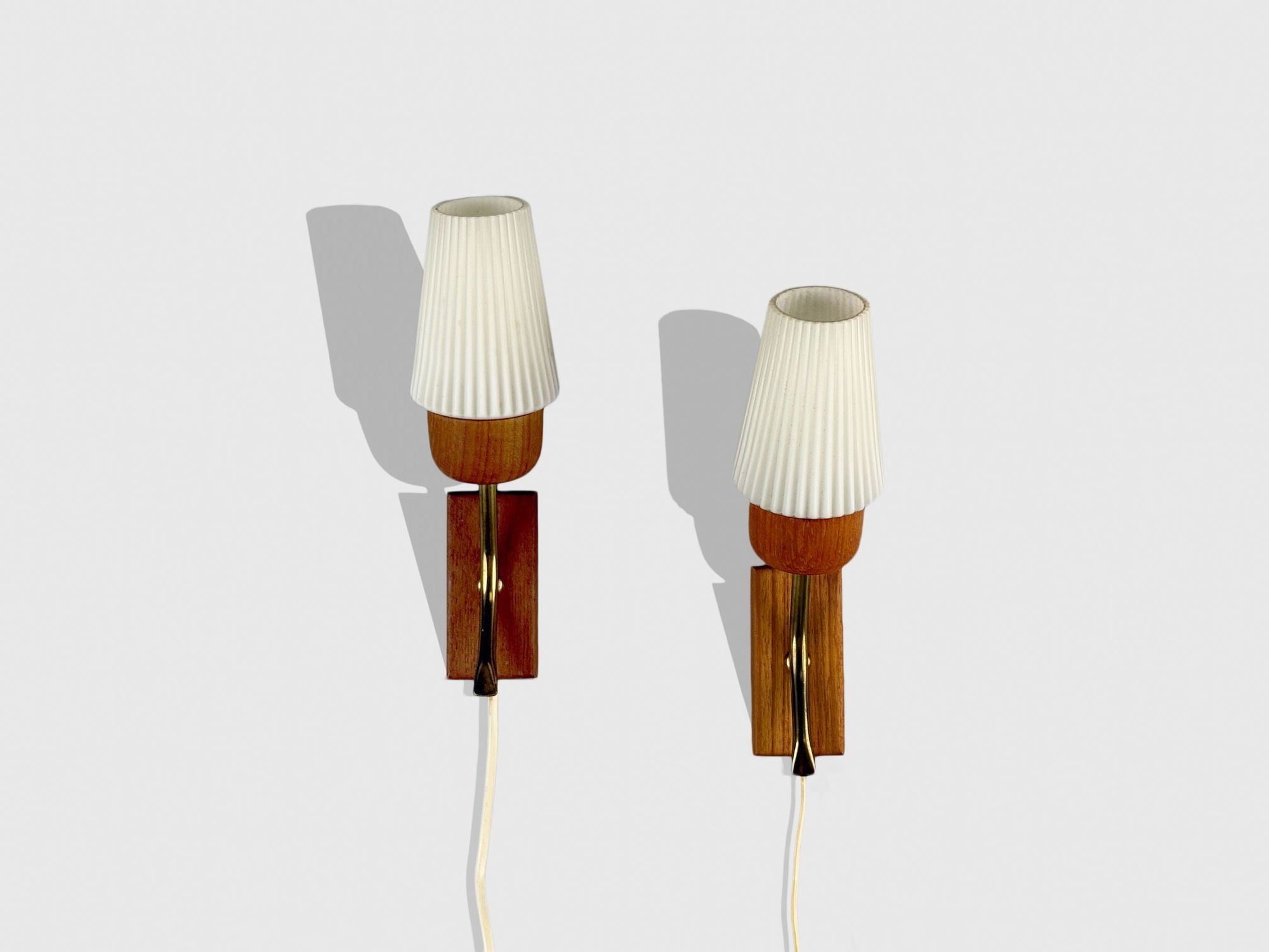 Swedish Modern, Teak, Brass, Glass, Wall Lights, Sweden, 1960s