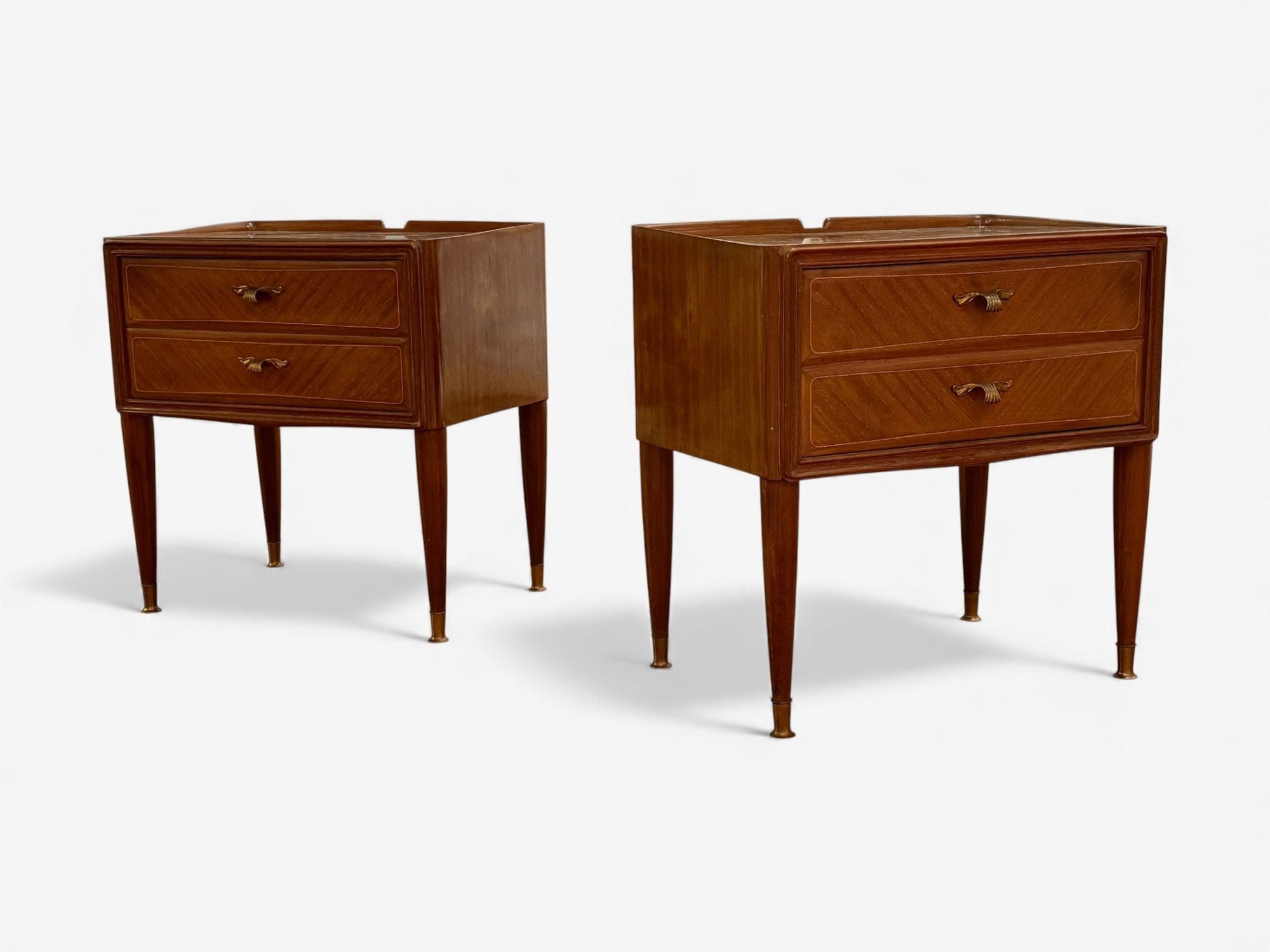 Italian Modern, Stained Wood, Brass, Glass, Nightstands, Italy, 1950s